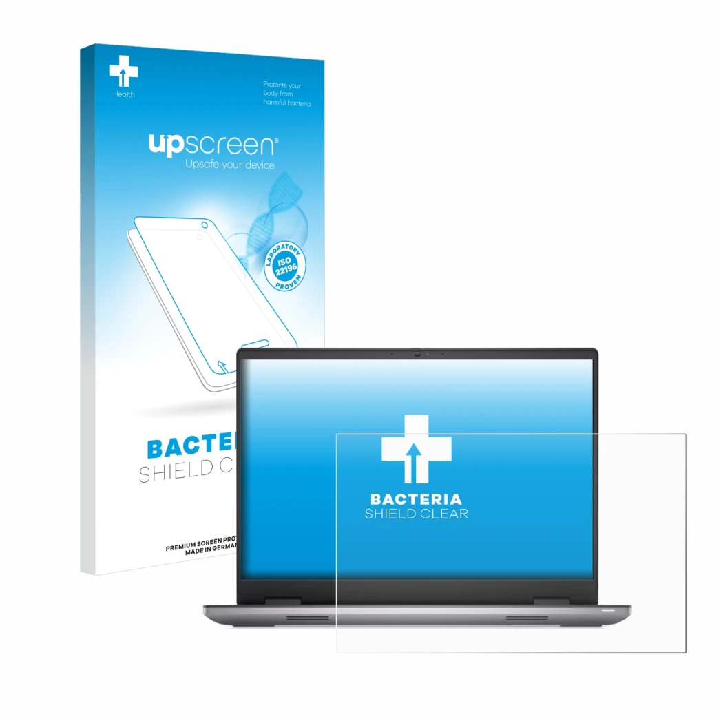 Parte frontal de un envase de producto con el logotipo de la marca upscreen. Al lado se muestra el dispositivo Dell Precision 