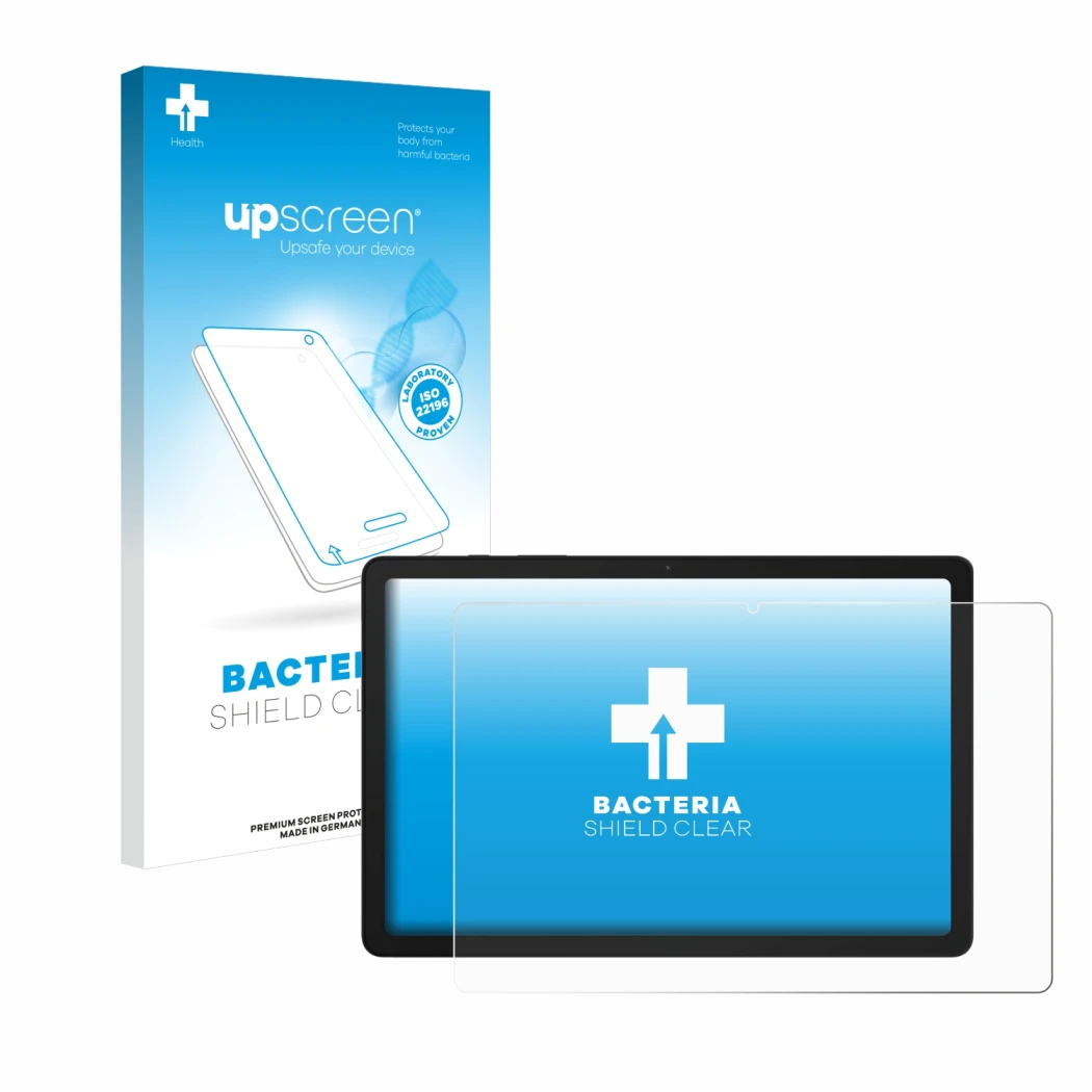 Parte frontal de un envase de producto con el logotipo de la marca upscreen. Al lado se muestra el dispositivo Samsung Galaxy 