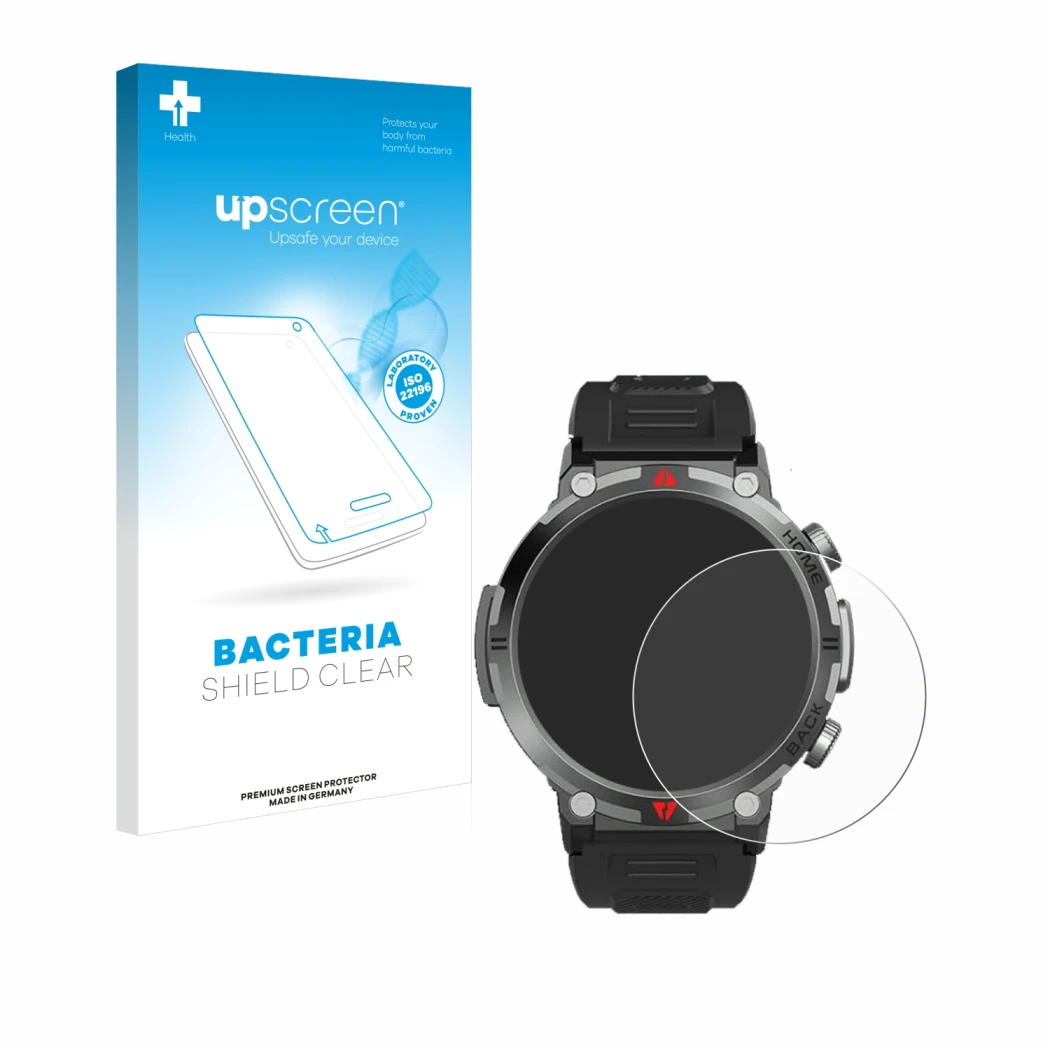 Parte frontal de un envase de producto con el logotipo de la marca upscreen. Al lado se muestra el dispositivo IFMDA S100 1.45