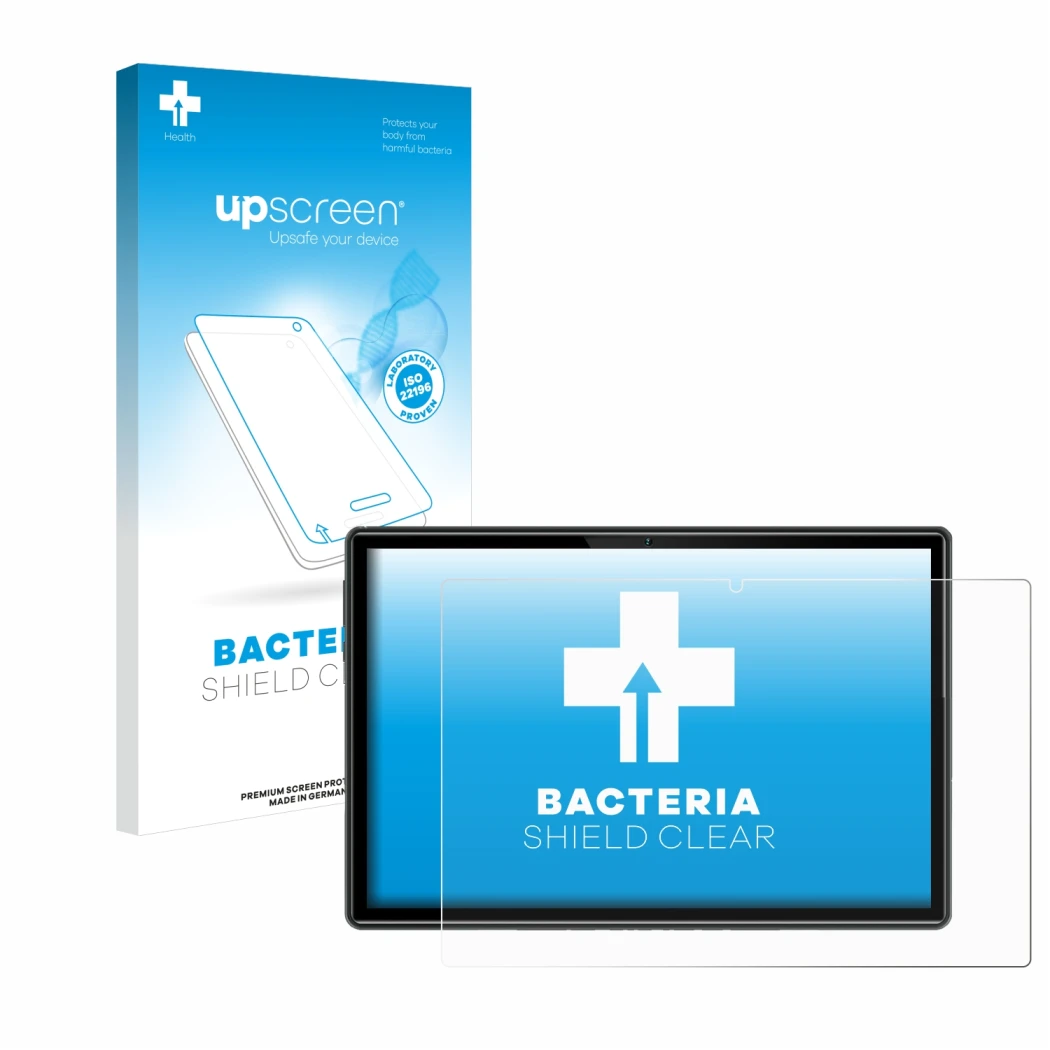 Parte frontal de un envase de producto con el logotipo de la marca upscreen. Al lado se muestra el dispositivo Doogee U10 con 