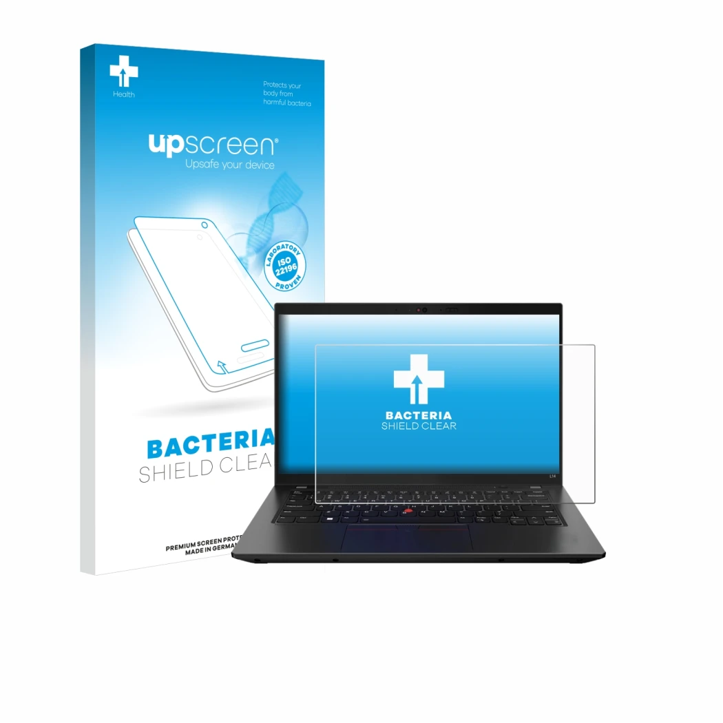Parte frontal de un envase de producto con el logotipo de la marca upscreen. Al lado se muestra el dispositivo Lenovo ThinkPad