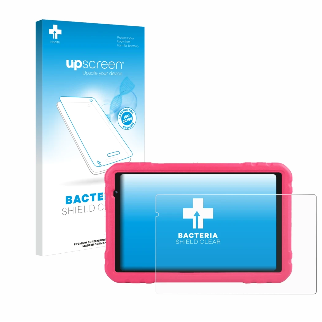 Parte frontal de un envase de producto con el logotipo de la marca upscreen. Al lado se muestra el dispositivo Aocwei x500 con
