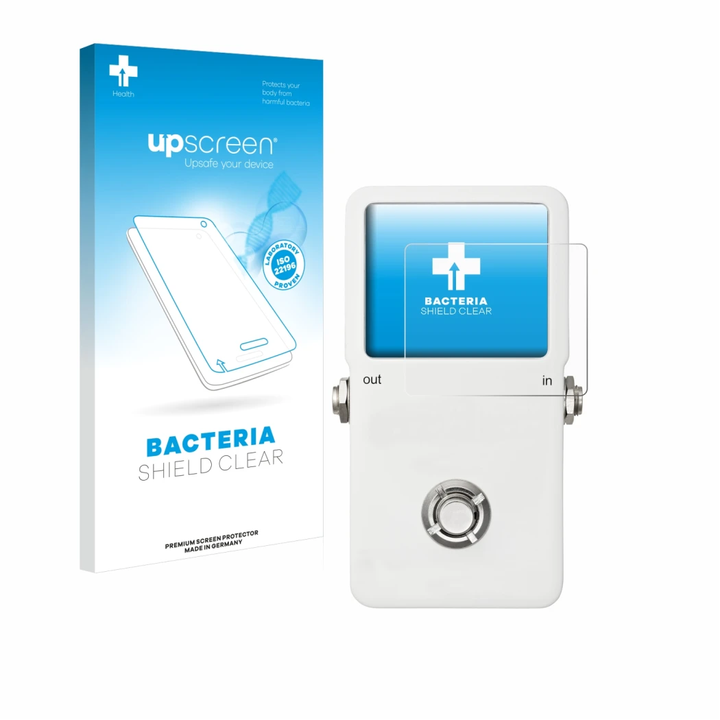Parte frontal de un envase de producto con el logotipo de la marca upscreen. Al lado se muestra el dispositivo TC Electronic P