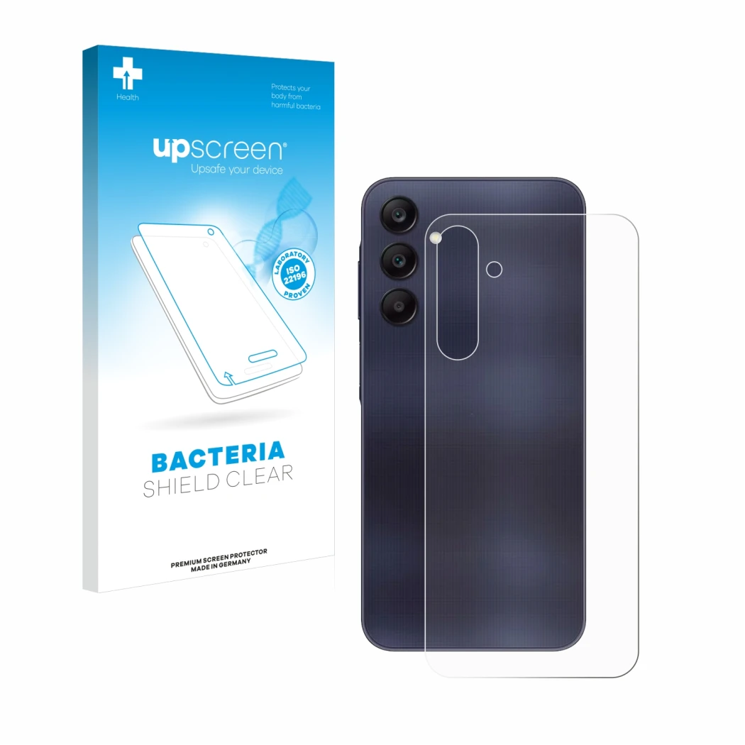 Parte frontal de un envase de producto con el logotipo de la marca upscreen. Al lado se muestra el dispositivo Samsung Galaxy 