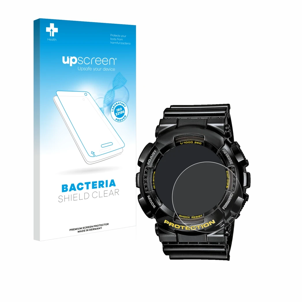 Parte frontal de un envase de producto con el logotipo de la marca upscreen. Al lado se muestra el dispositivo Casio G-Shock G