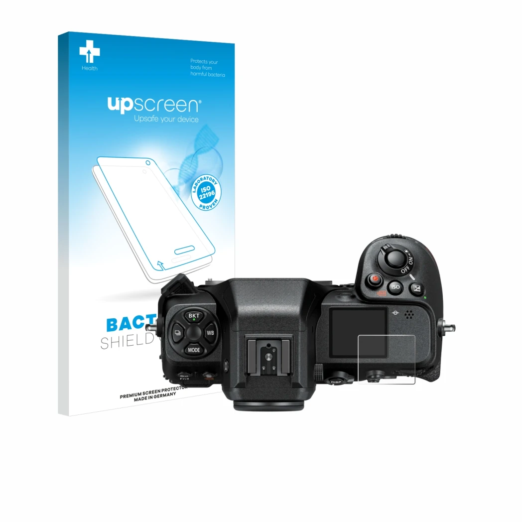 Parte frontal de un envase de producto con el logotipo de la marca upscreen. Al lado se muestra el dispositivo Nikon Z 8 (pant