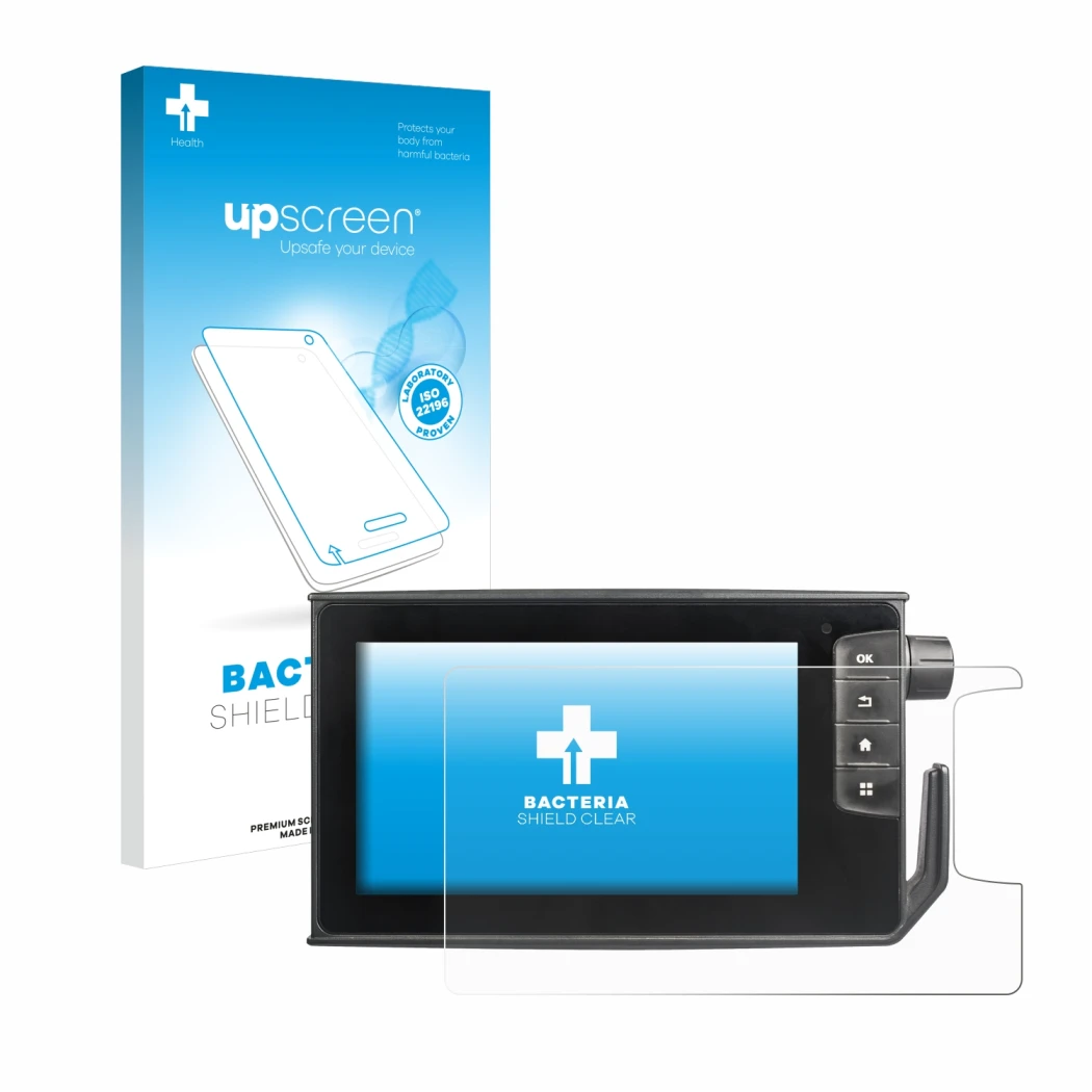 Parte frontal de un envase de producto con el logotipo de la marca upscreen. Al lado se muestra el dispositivo Valtra SmartTou