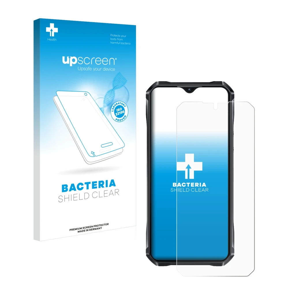 Parte frontal de un envase de producto con el logotipo de la marca upscreen. Al lado se muestra el dispositivo Oukitel WP33 Pr