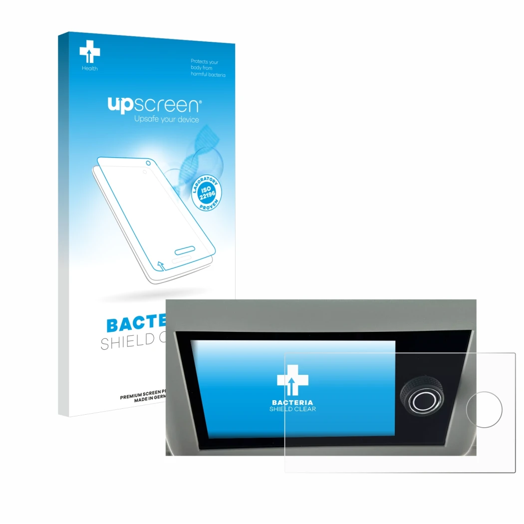 Parte frontal de un envase de producto con el logotipo de la marca upscreen. Al lado se muestra el dispositivo Volkswagen Cali