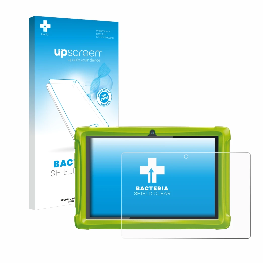 Parte frontal de un envase de producto con el logotipo de la marca upscreen. Al lado se muestra el dispositivo Clementoni Clem