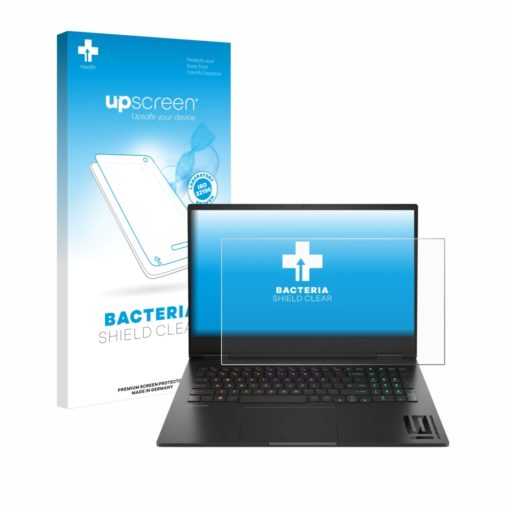 Parte frontal de un envase de producto con el logotipo de la marca upscreen. Al lado se muestra el dispositivo HP Omen 16 2024