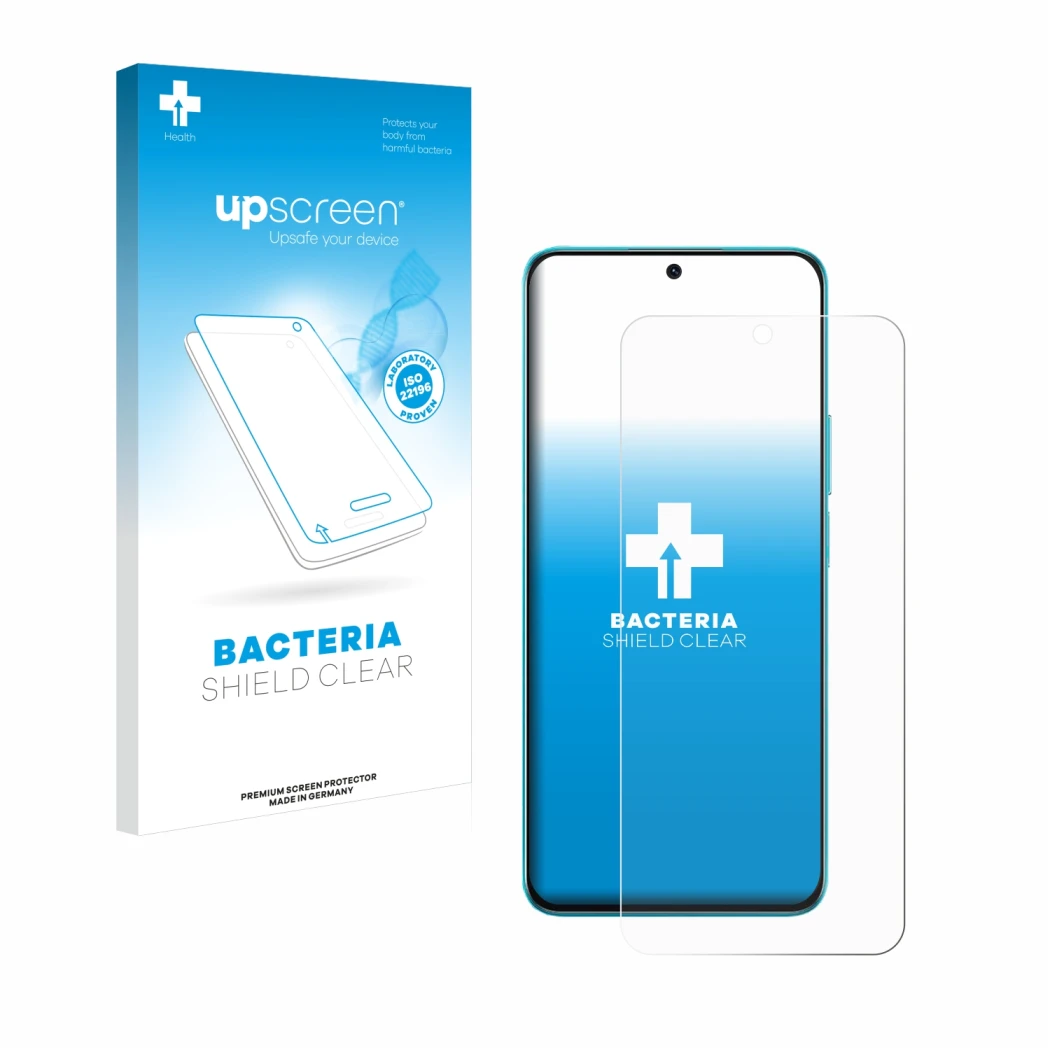 Parte frontal de un envase de producto con el logotipo de la marca upscreen. Al lado se muestra el dispositivo Honor X8A con s