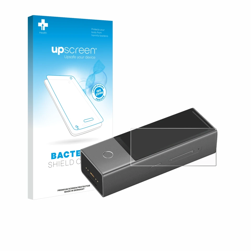 Parte frontal de un envase de producto con el logotipo de la marca upscreen. Al lado se muestra el dispositivo Timekettle X1 c