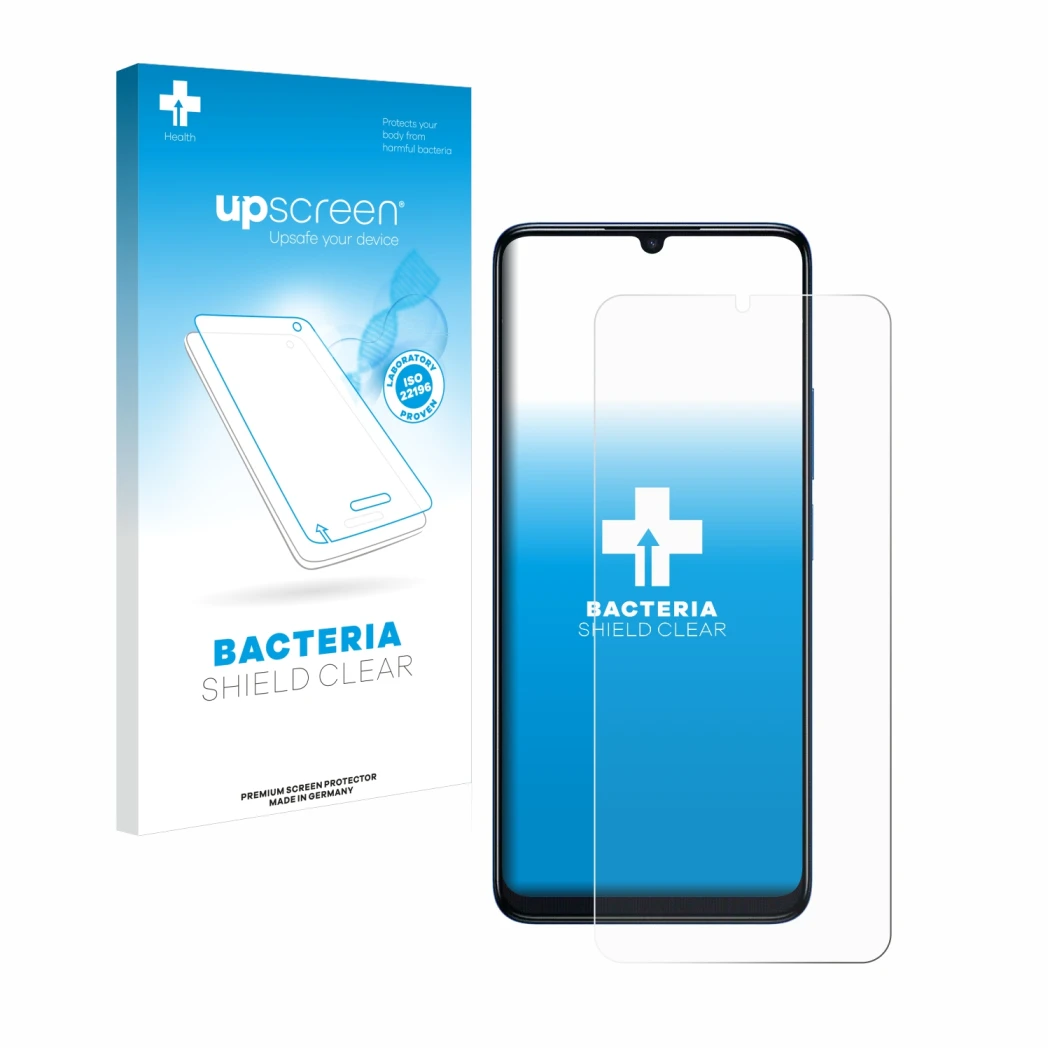 Parte frontal de un envase de producto con el logotipo de la marca upscreen. Al lado se muestra el dispositivo TCL 505 con su 