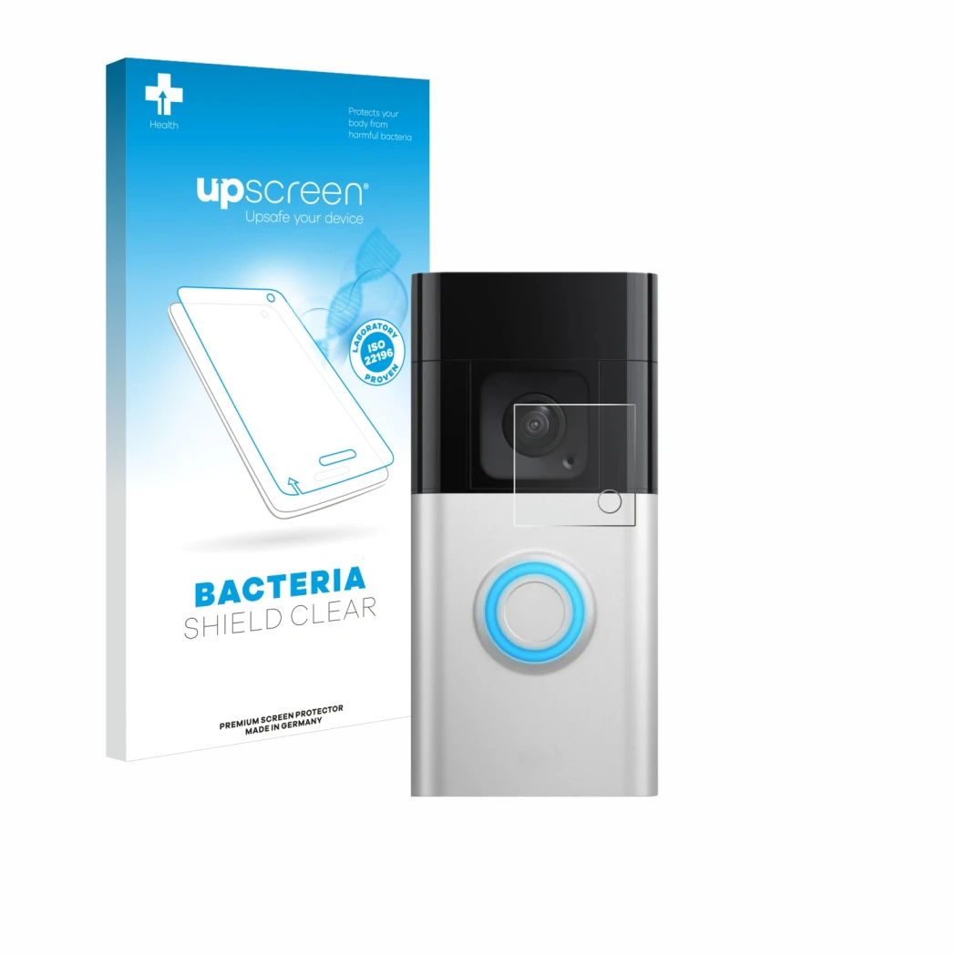 Parte frontal de un envase de producto con el logotipo de la marca upscreen. Al lado se muestra el dispositivo Ring Video Door