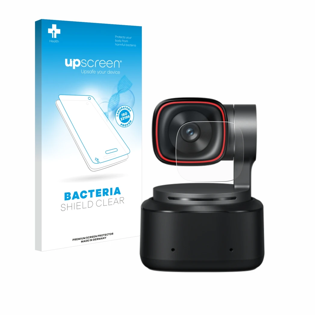 Parte frontal de un envase de producto con el logotipo de la marca upscreen. Al lado se muestra el dispositivo OBSBOT Tiny 2 c
