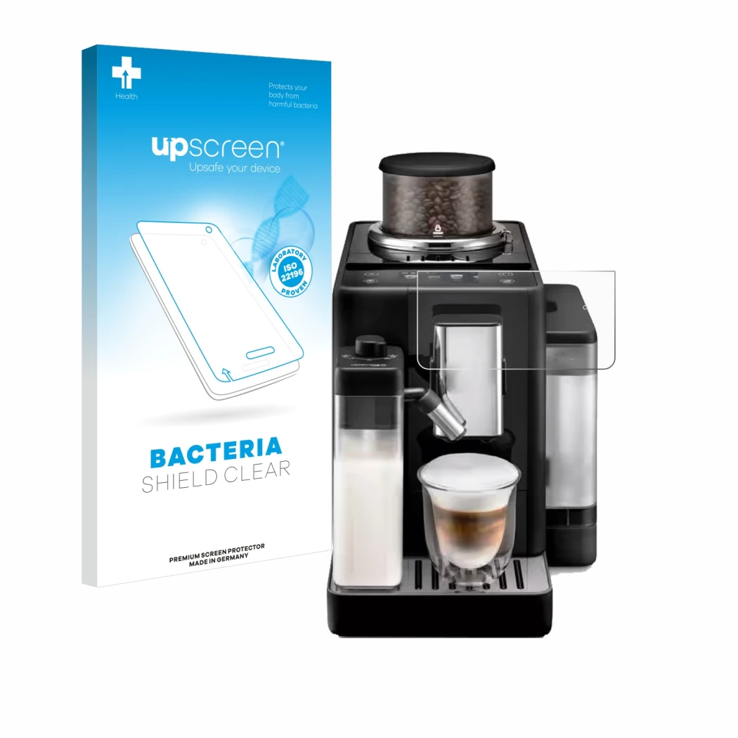 Parte frontal de un envase de producto con el logotipo de la marca upscreen. Al lado se muestra el dispositivo DeLonghi Riveli