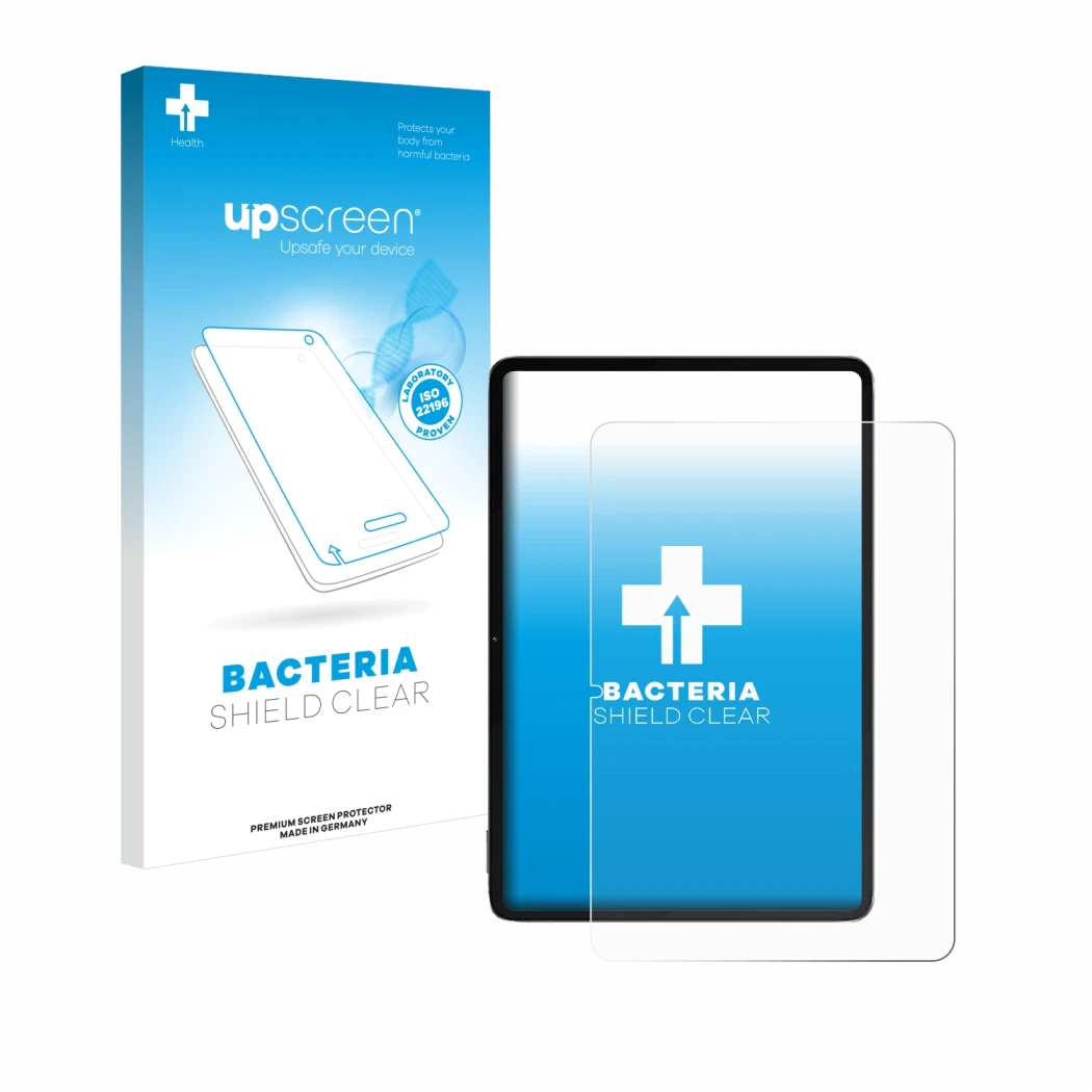 Parte frontal de un envase de producto con el logotipo de la marca upscreen. Al lado se muestra el dispositivo Xiaomi Pad 6S P