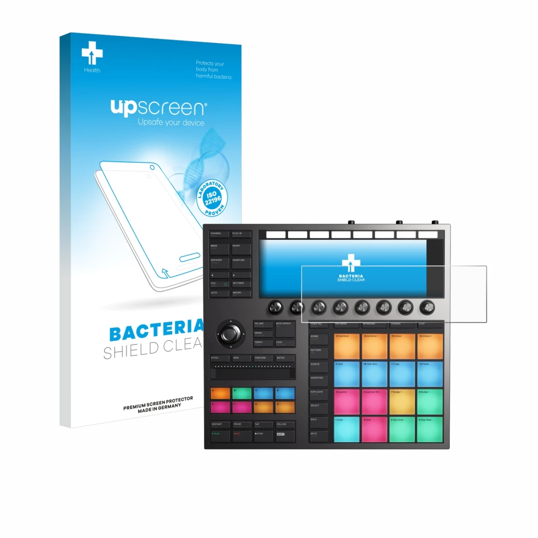Parte frontal de un envase de producto con el logotipo de la marca upscreen. Al lado se muestra el dispositivo Native Instrume
