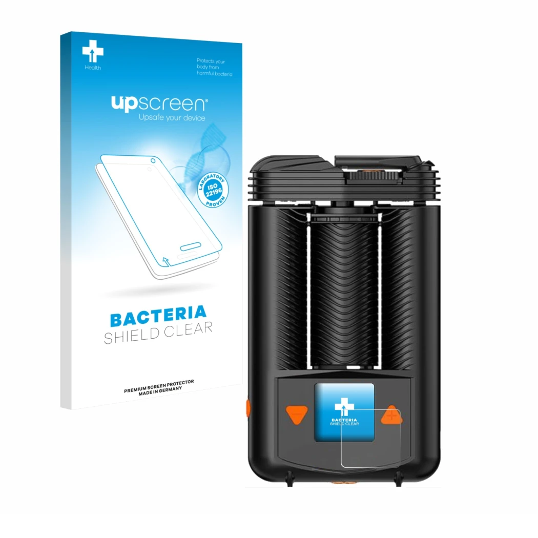 Parte frontal de un envase de producto con el logotipo de la marca upscreen. Al lado se muestra el dispositivo Storz & Bickel 