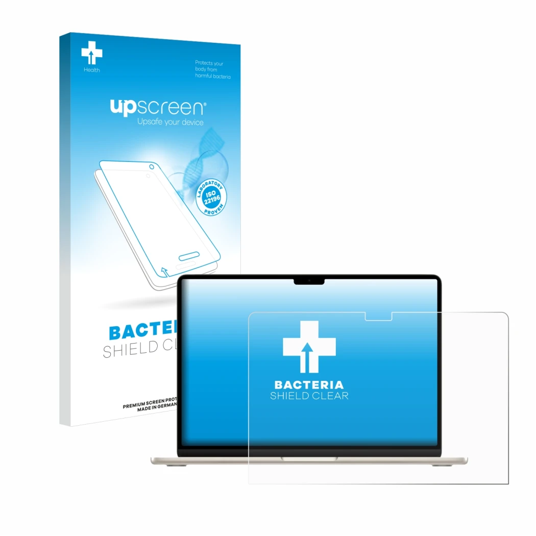 Parte frontal de un envase de producto con el logotipo de la marca upscreen. Al lado se muestra el dispositivo Apple MacBook A