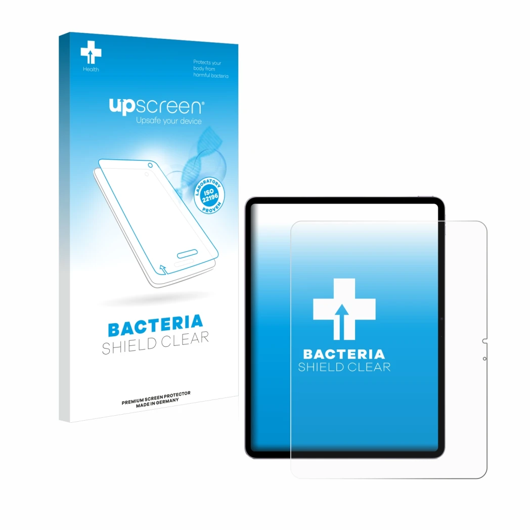 Parte frontal de un envase de producto con el logotipo de la marca upscreen. Al lado se muestra el dispositivo Apple iPad Air