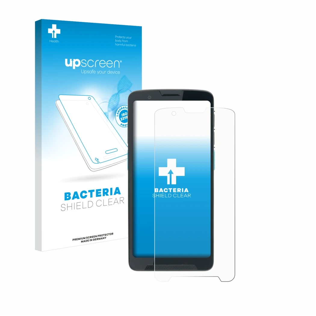Parte frontal de un envase de producto con el logotipo de la marca upscreen. Al lado se muestra el dispositivo Unitech EA660 c