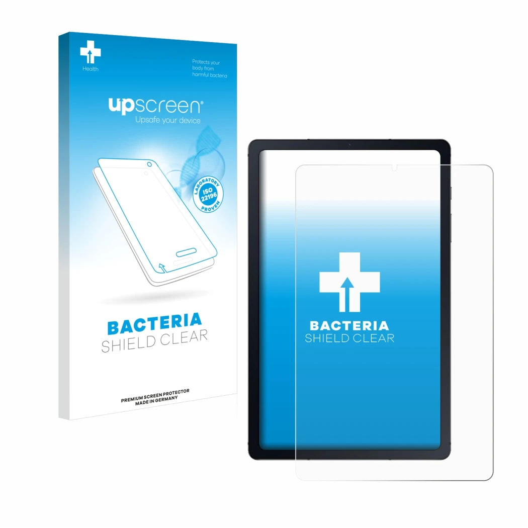 Parte frontal de un envase de producto con el logotipo de la marca upscreen. Al lado se muestra el dispositivo Samsung Galaxy 