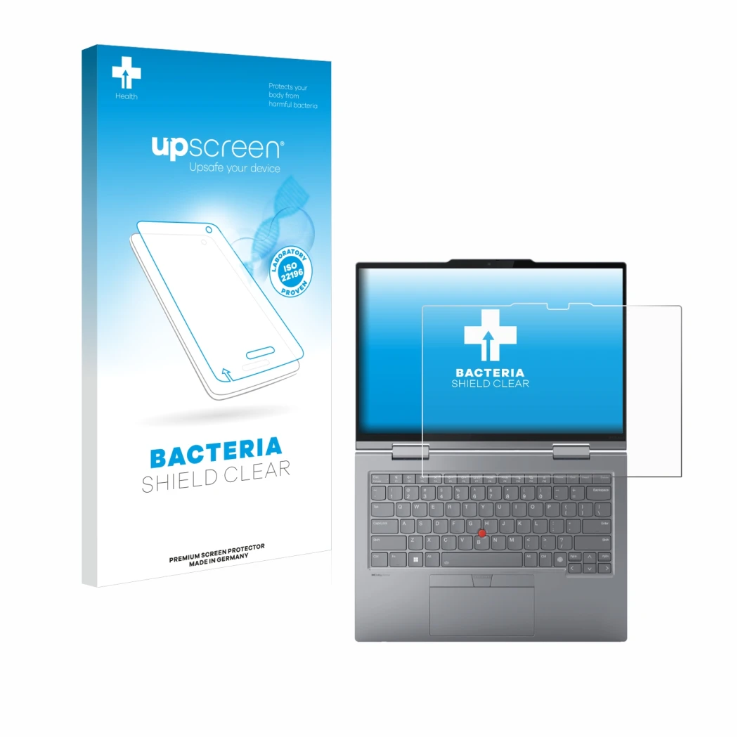 Parte frontal de un envase de producto con el logotipo de la marca upscreen. Al lado se muestra el dispositivo Lenovo ThinkPad