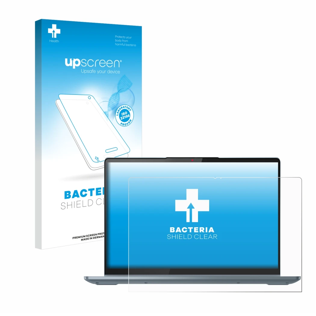 Parte frontal de un envase de producto con el logotipo de la marca upscreen. Al lado se muestra el dispositivo Lenovo IdeaPad 