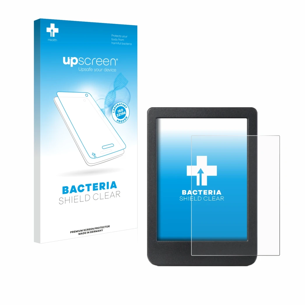 Parte frontal de un envase de producto con el logotipo de la marca upscreen. Al lado se muestra el dispositivo Kobo Clara BW c
