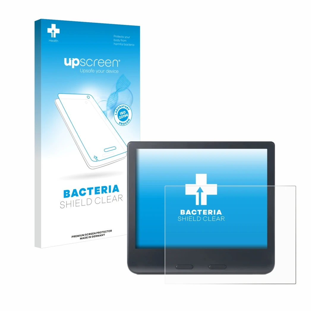 Parte frontal de un envase de producto con el logotipo de la marca upscreen. Al lado se muestra el dispositivo Kobo Libra Colo
