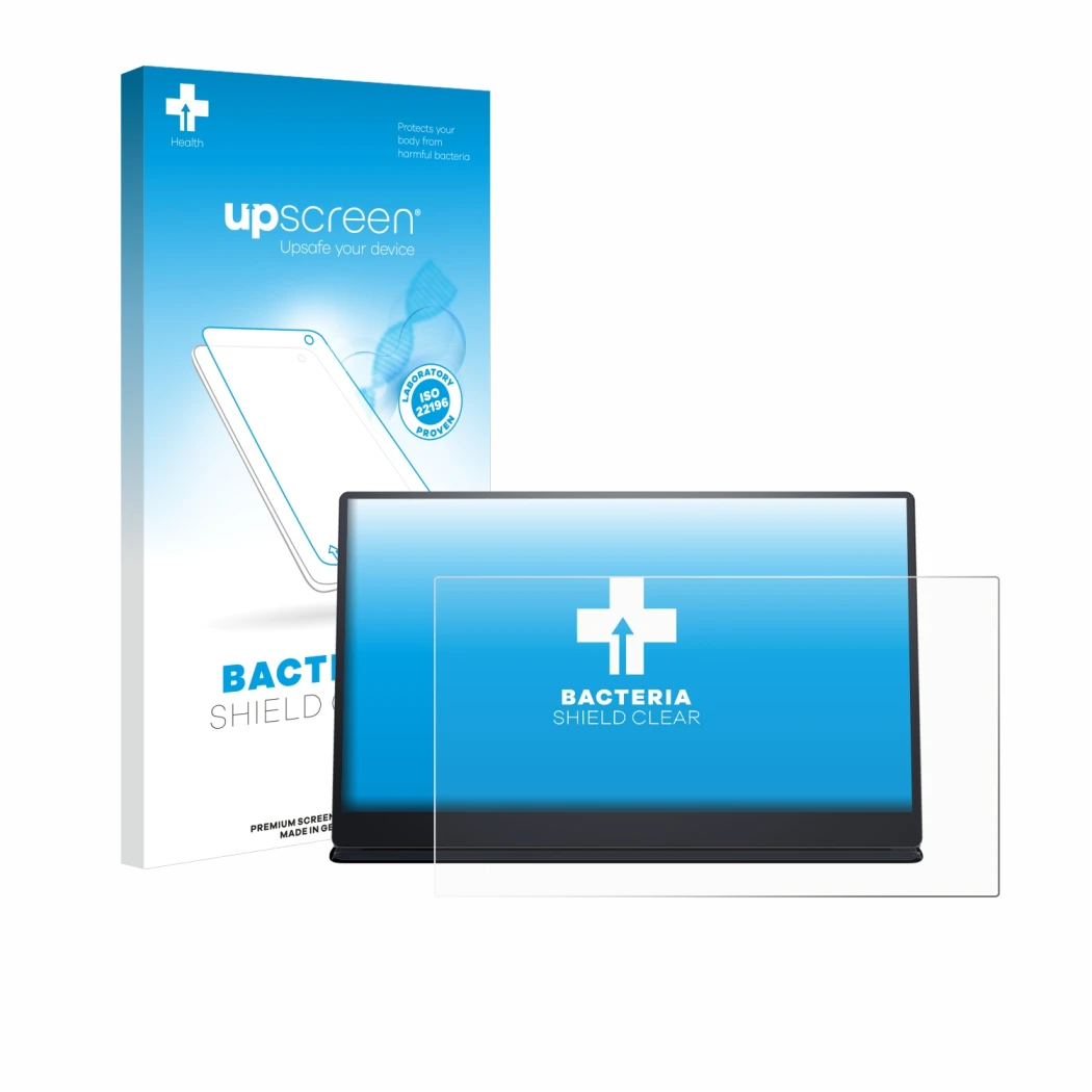 Parte frontal de un envase de producto con el logotipo de la marca upscreen. Al lado se muestra el dispositivo Dell P1424H con