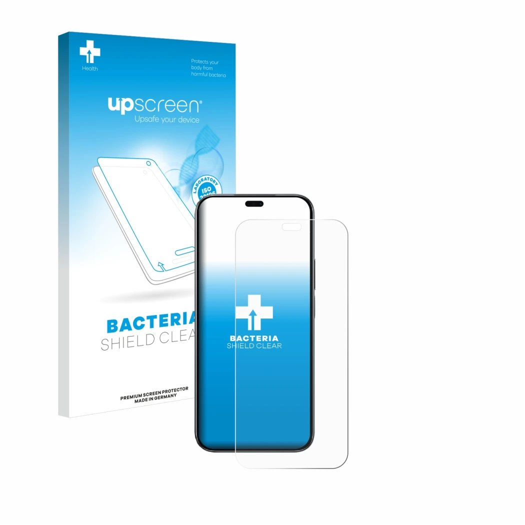 Parte frontal de un envase de producto con el logotipo de la marca upscreen. Al lado se muestra el dispositivo Honor 200 Lite 