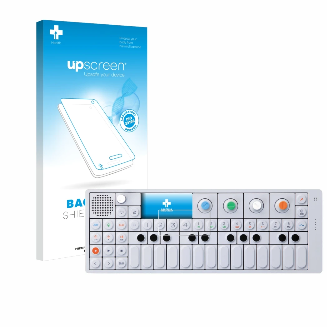 Parte frontal de un envase de producto con el logotipo de la marca upscreen. Al lado se muestra el dispositivo Teenage Enginee