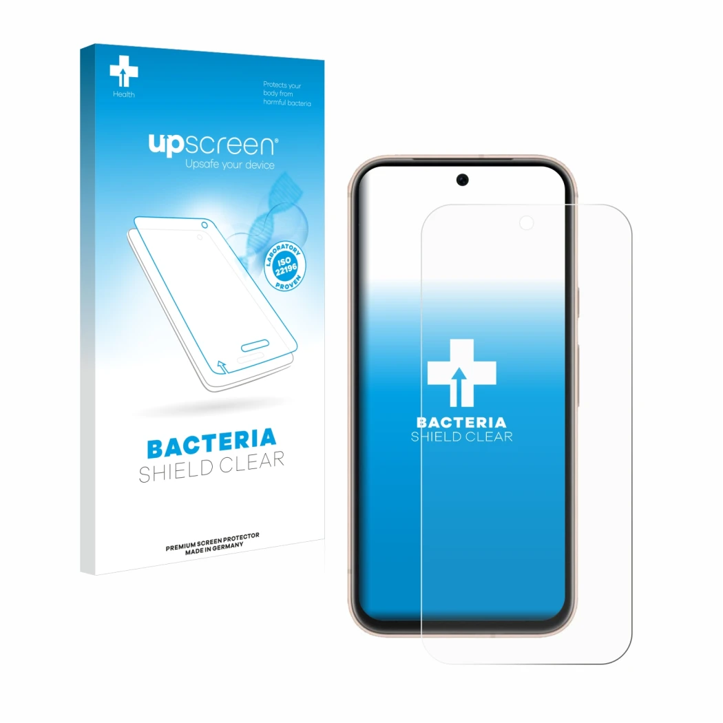 Parte frontal de un envase de producto con el logotipo de la marca upscreen. Al lado se muestra el dispositivo Google Pixel 8a