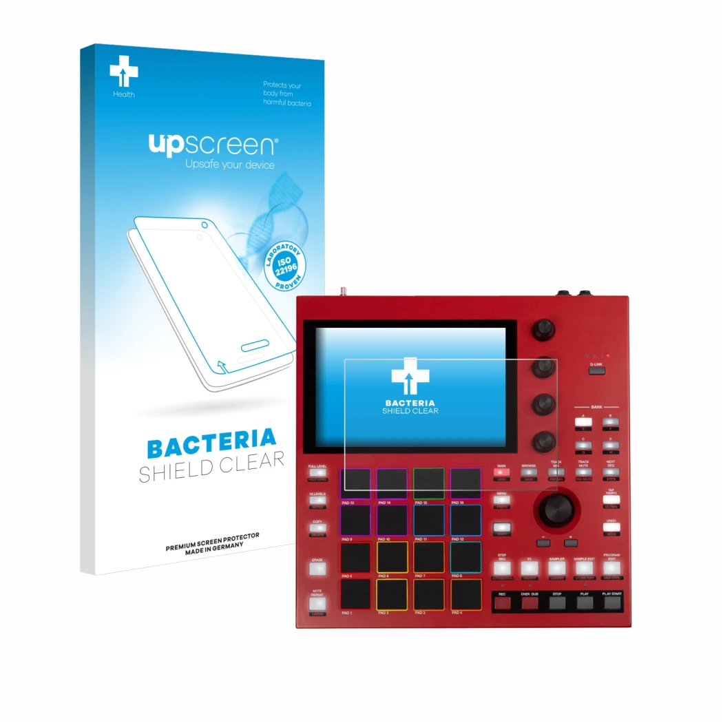 Parte frontal de un envase de producto con el logotipo de la marca upscreen. Al lado se muestra el dispositivo Akai MPC One+ c
