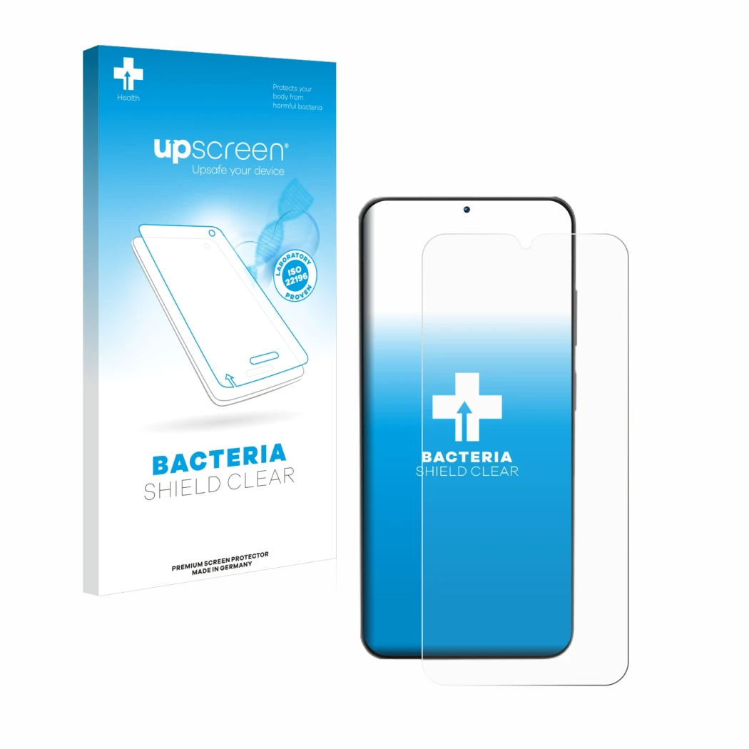 Parte frontal de un envase de producto con el logotipo de la marca upscreen. Al lado se muestra el dispositivo Doogee N55 con 