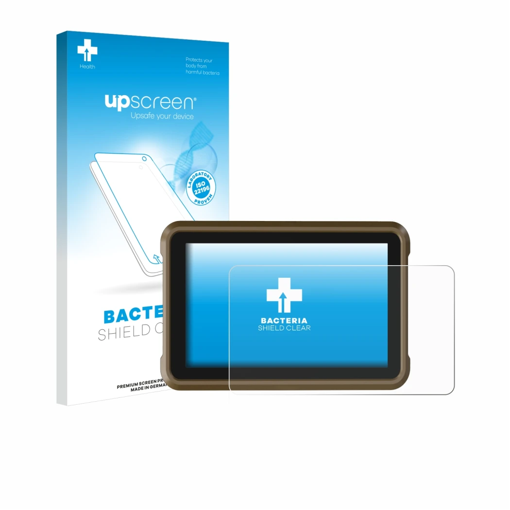 Parte frontal de un envase de producto con el logotipo de la marca upscreen. Al lado se muestra el dispositivo Atomos Ninja co