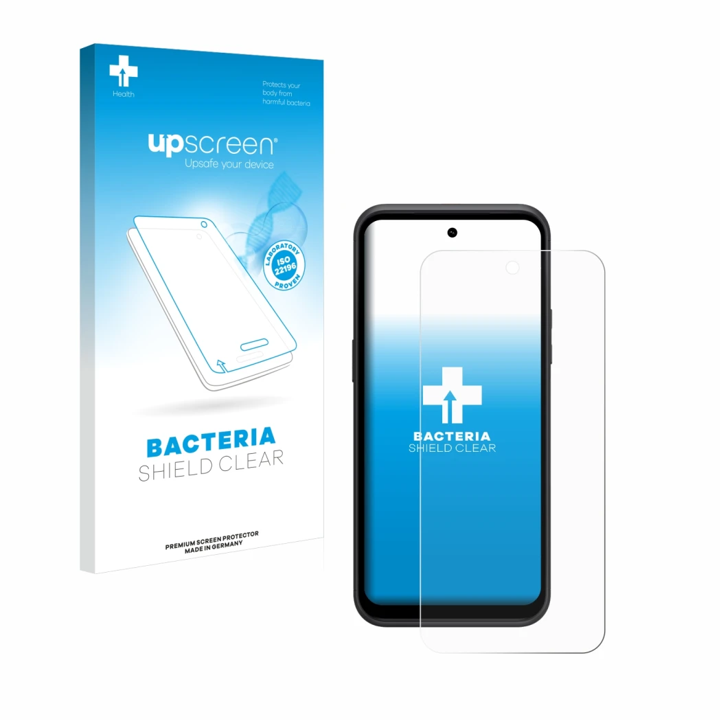 Parte frontal de un envase de producto con el logotipo de la marca upscreen. Al lado se muestra el dispositivo HMD XR21 con su