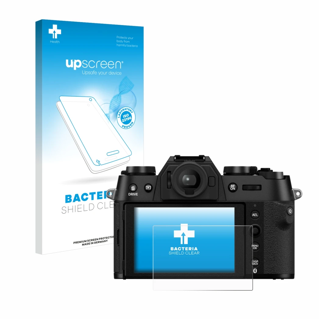 Parte frontal de un envase de producto con el logotipo de la marca upscreen. Al lado se muestra el dispositivo Fujifilm X-T50 