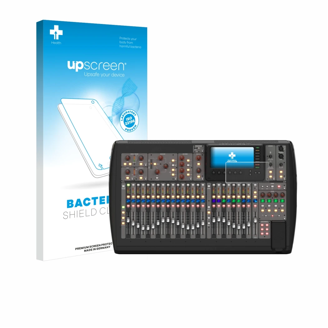 Parte frontal de un envase de producto con el logotipo de la marca upscreen. Al lado se muestra el dispositivo Behringer X32 c