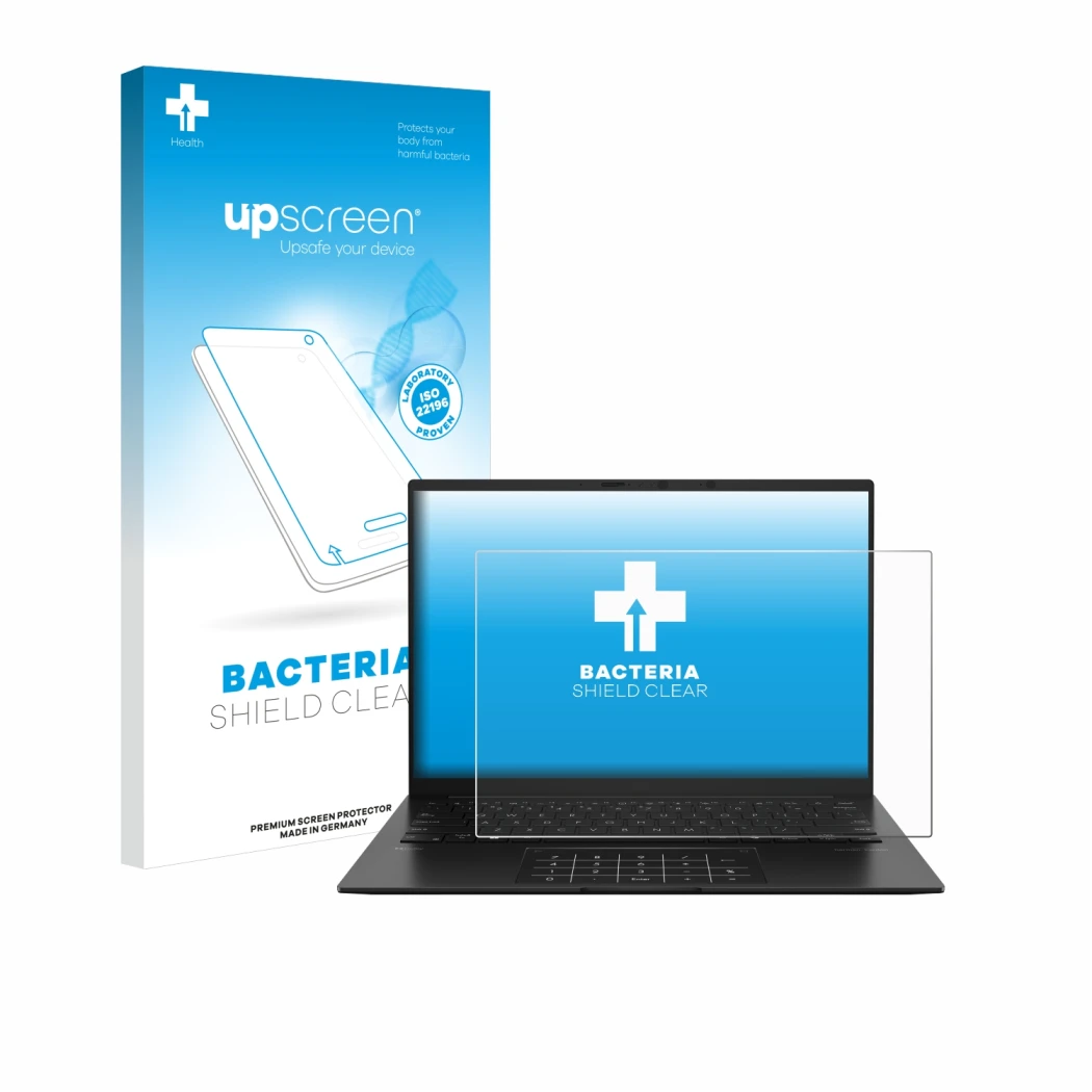 Parte frontal de un envase de producto con el logotipo de la marca upscreen. Al lado se muestra el dispositivo ASUS ZenBook 14