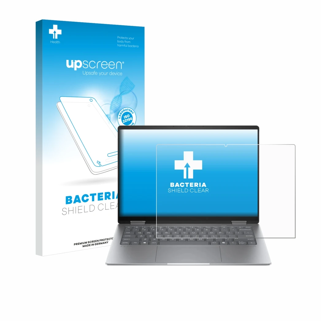 Parte frontal de un envase de producto con el logotipo de la marca upscreen. Al lado se muestra el dispositivo HP Envy x360 14