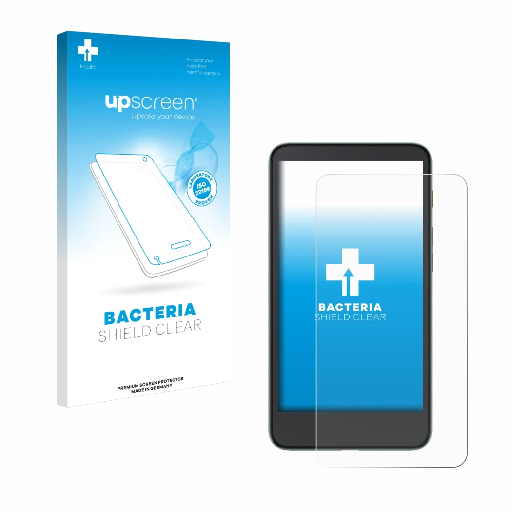 Parte frontal de un envase de producto con el logotipo de la marca upscreen. Al lado se muestra el dispositivo Xiaomi Moaan In