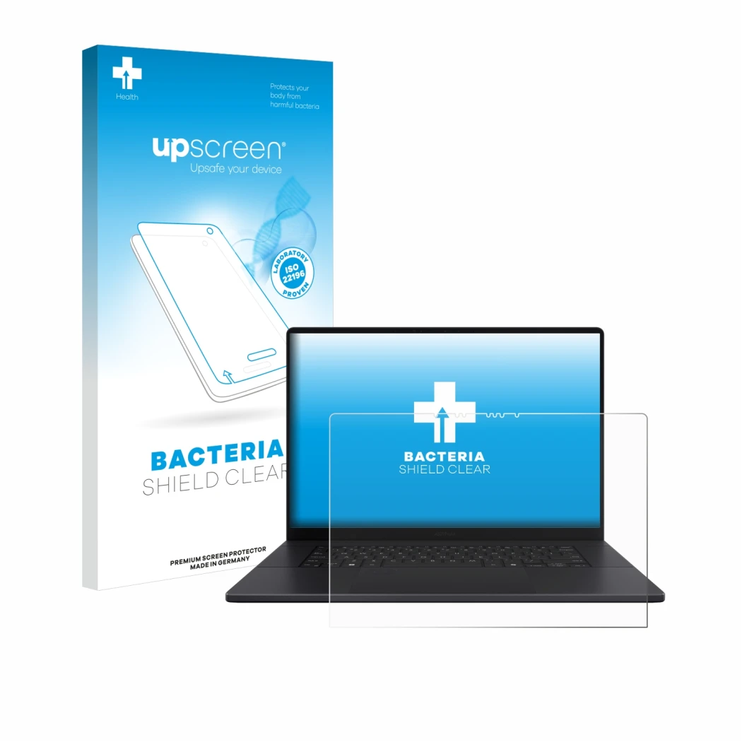 Parte frontal de un envase de producto con el logotipo de la marca upscreen. Al lado se muestra el dispositivo ASUS ProArt P16