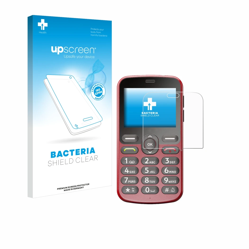 Parte frontal de un envase de producto con el logotipo de la marca upscreen. Al lado se muestra el dispositivo Doro 1880 con s