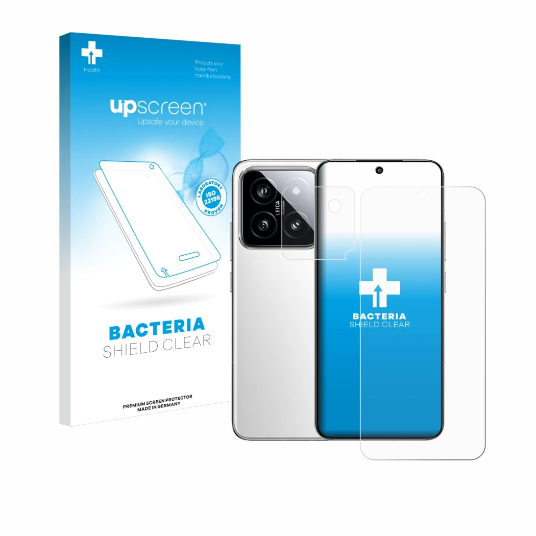 Parte frontal de un envase de producto con el logotipo de la marca upscreen. Al lado se muestra el dispositivo Xiaomi 14 (Fron
