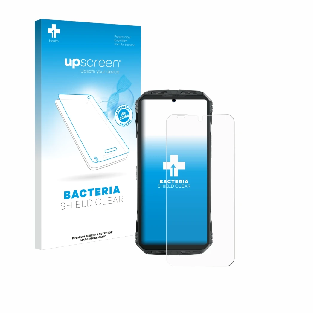 Parte frontal de un envase de producto con el logotipo de la marca upscreen. Al lado se muestra el dispositivo Doogee S Punk c