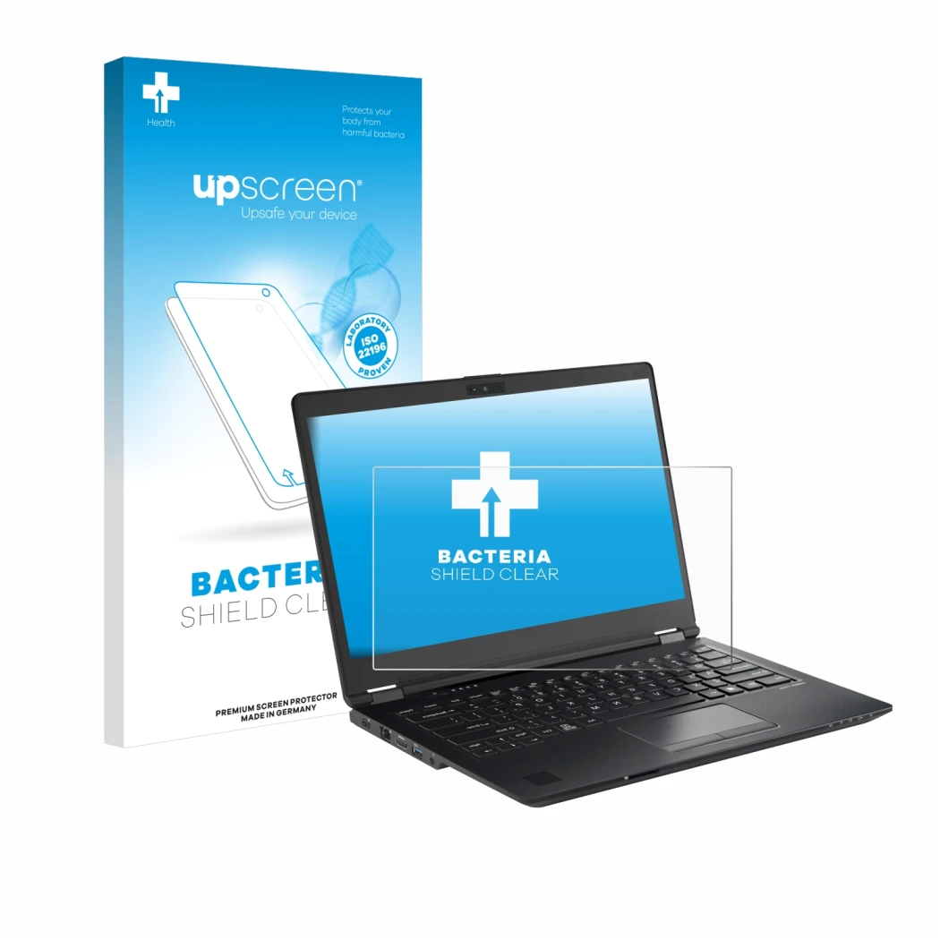 Parte frontal de un envase de producto con el logotipo de la marca upscreen. Al lado se muestra el dispositivo Fujitsu Lifeboo